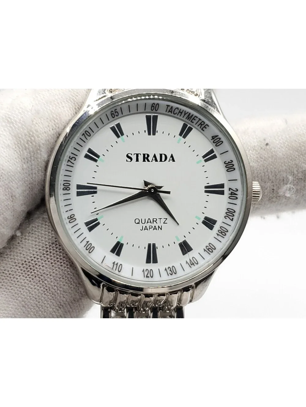 Strada Quartz Womens Watch New Battery Silver Tone Tachymetre White Dial 32mm